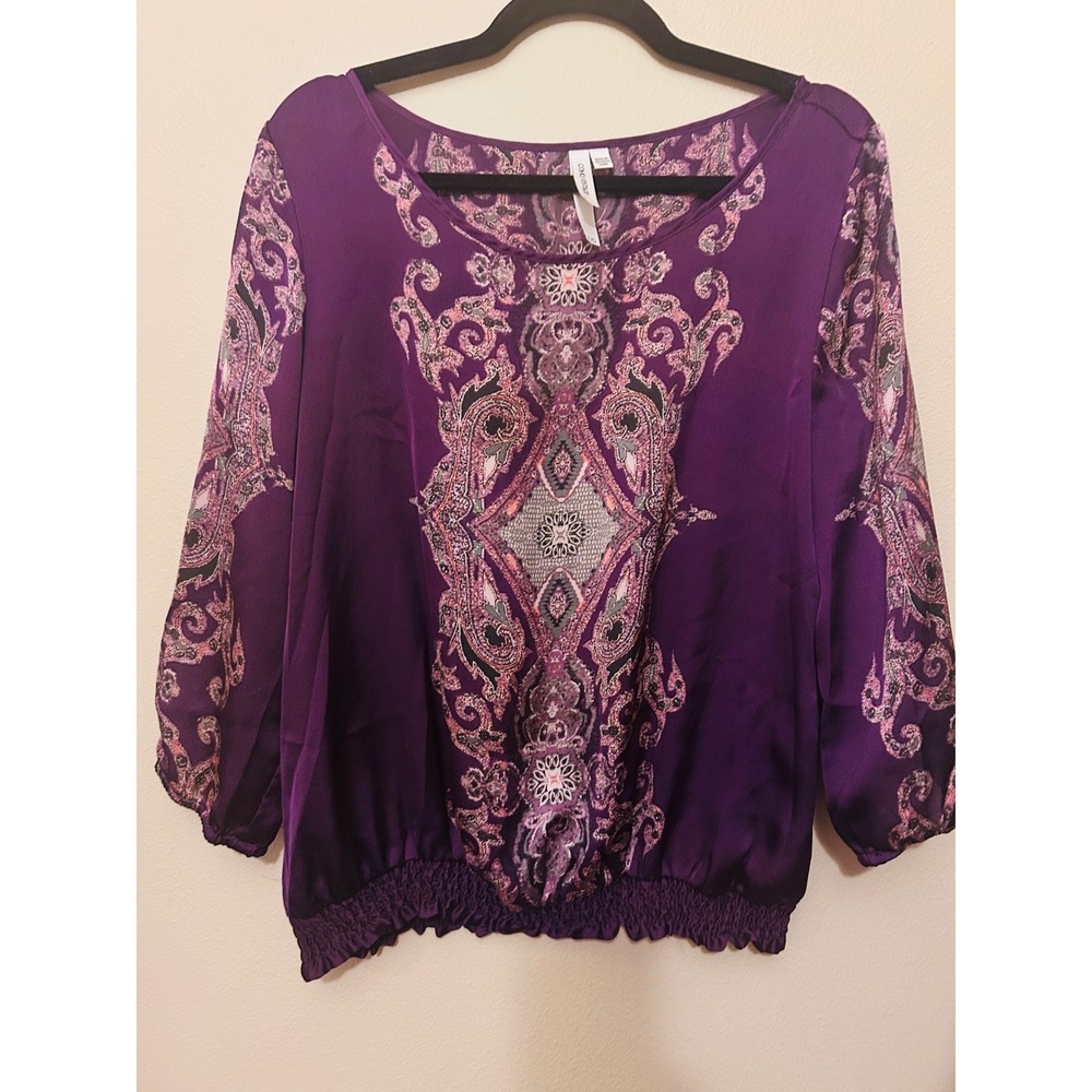 Como Vintage Blouse Women Large Purple Excellent Paisley Smocked Hem Satin Top